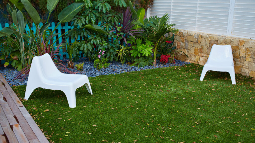 emphasizing the advantages of artificial grass without the hassle of weeds growing