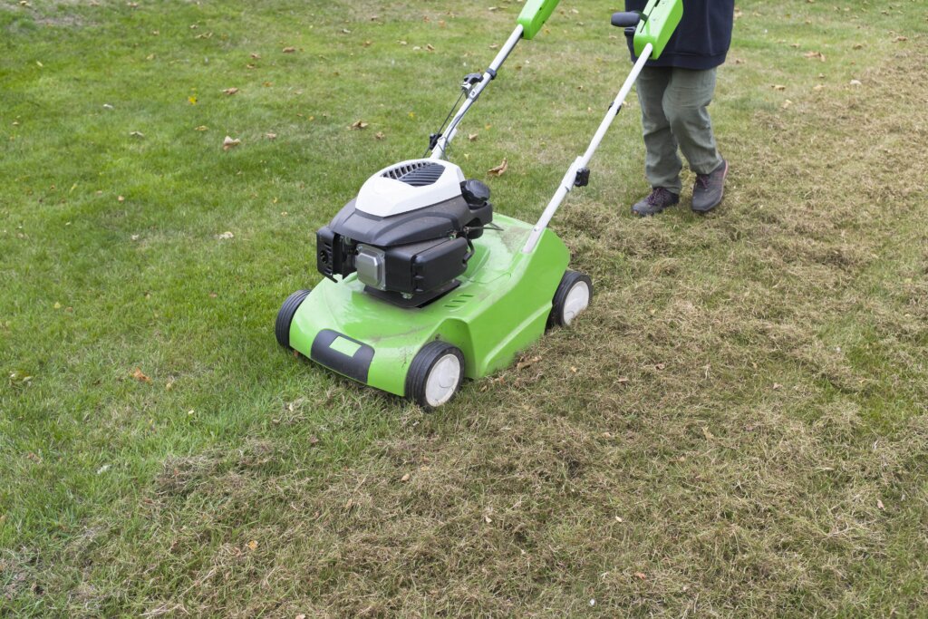 A person operating a green electric lawnmower-style dethatcher over a patchy lawn, with a visible line between mowed/dethatched and rougher grass, illustrating one part of dethatching vs aerating lawn.