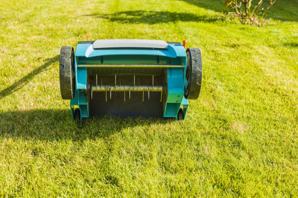 A close-up of a blue electric dethatcher/scarifier machine with spiky blades, resting on a lush green lawn, illustrating the tool's use as a lawn aerator.