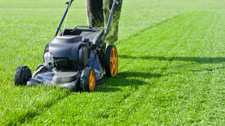 A person skillfully mowing a lawn, illustrating the application of expert lawn mowing tips for a healthy and beautiful lawn