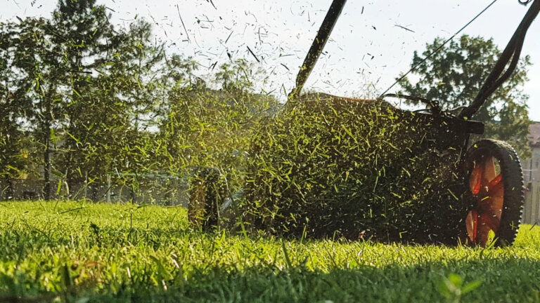 A well-maintained lawn mower in action, cutting lush green grass, symbolizing the start of the mowing season