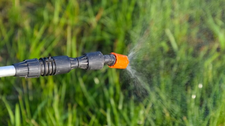 The featured image showcases a close-up view of a manual sprayer nozzle, from which a fine mist of liquid nutrients is being sprayed. The action signifies the application of liquid fertilizer, a key topic discussed in the article. The background is blurred, focusing the viewer's attention on the spraying process, symbolizing the nourishment and care provided to plants through the use of liquid fertilizers.