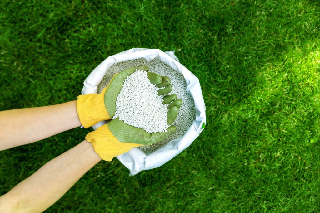 An overhead view of two hands in gloves holding a handful of small white pellets scooped from a white bag, demonstrating the handling of granular fertilizer.