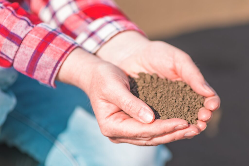  A person holding a handful of dark, finely textured soil in two palms, contrasting the different sources for methods of fertilizer application.