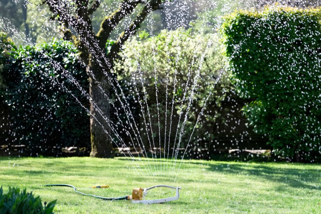 A lawn sprinkler is actively watering a lush green lawn, with water droplets visible against a background of trees and hedges, posing the question: should you water your lawn after fertilizing?