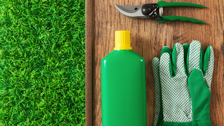 Gardening essentials with a green plastic fertilizer bottle, pruning shears, and polka-dotted gardening gloves arranged on a wooden surface next to vibrant artificial grass, representing tools for achieving a healthy lawn in Collegeville, PA