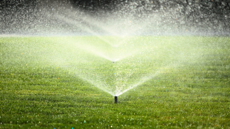 An in-ground sprinkler system watering a lush lawn, showcasing advanced irrigation technology that conserves water while maintaining greenery in Collegeville.