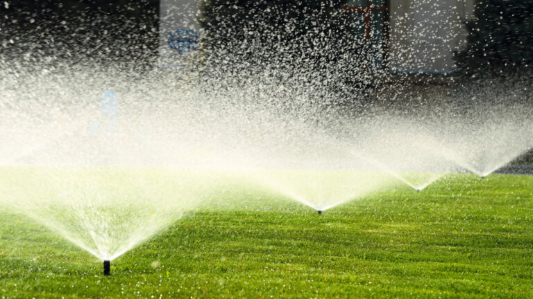 Close-up of multiple lawn sprinkler heads dispersing water across a lush green lawn, demonstrating an efficient irrigation system installation.