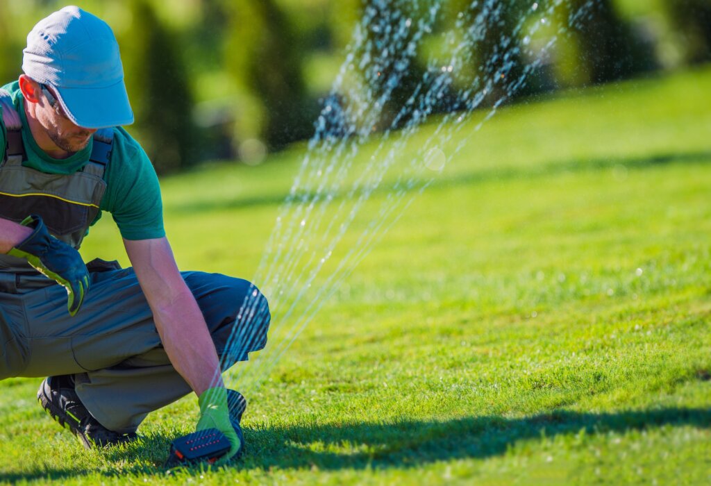 A person kneeling on a green lawn adjusting a sprinkler head while being sprayed by water, demonstrating essential post-application care for lawn starter fertilizer.
