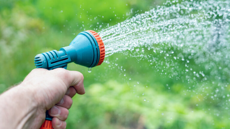 Hand holding a blue and orange garden hose nozzle, actively spraying a fine mist of water, set against a green garden background, embodying the recommended practice for watering new grass seed to promote growth for a healthy lawn.