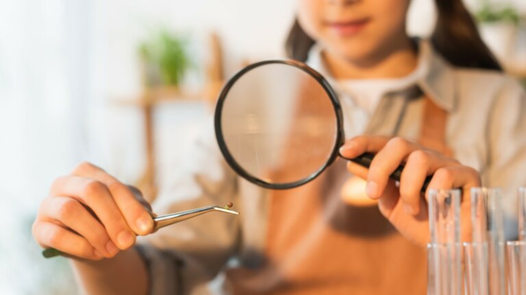 A person examining a small object with tweezers through a magnifying glass, with test tubes in the foreground.