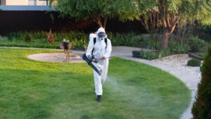 A pest control technician in a white protective suit spraying treatment across a sunlit residential lawn during spring.
