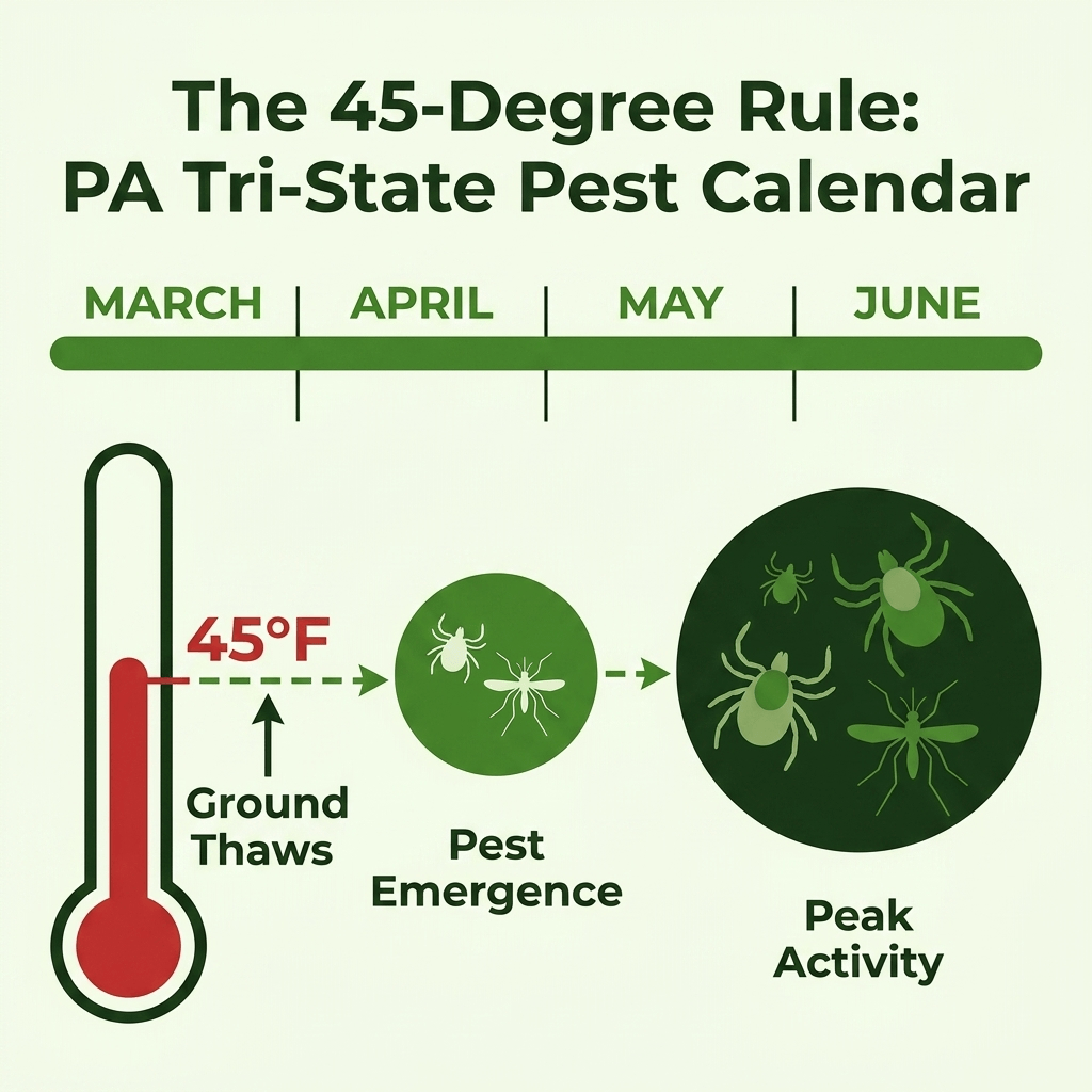The 45-Degree Rule: PA Tri-State Pest Calendar' showing a thermometer rising to 45°F as the ground thaws, leading to pest emergence in April and peak activity of ticks and mosquitoes through May and June.