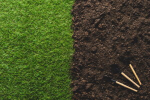 An overhead shot looking straight down at a yard. The left half is a full, vibrant green lawn. The right half is dark, rich, clumpy soil. Near the bottom right corner, three small gardening hand tools are resting on the dirt.